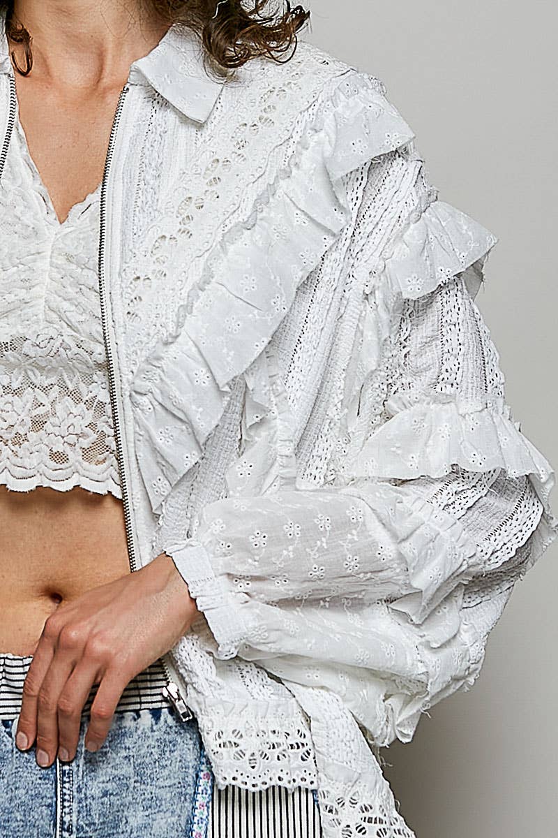 Eyelet Ruffle Floral Trim Lace Zip-Up Jacket