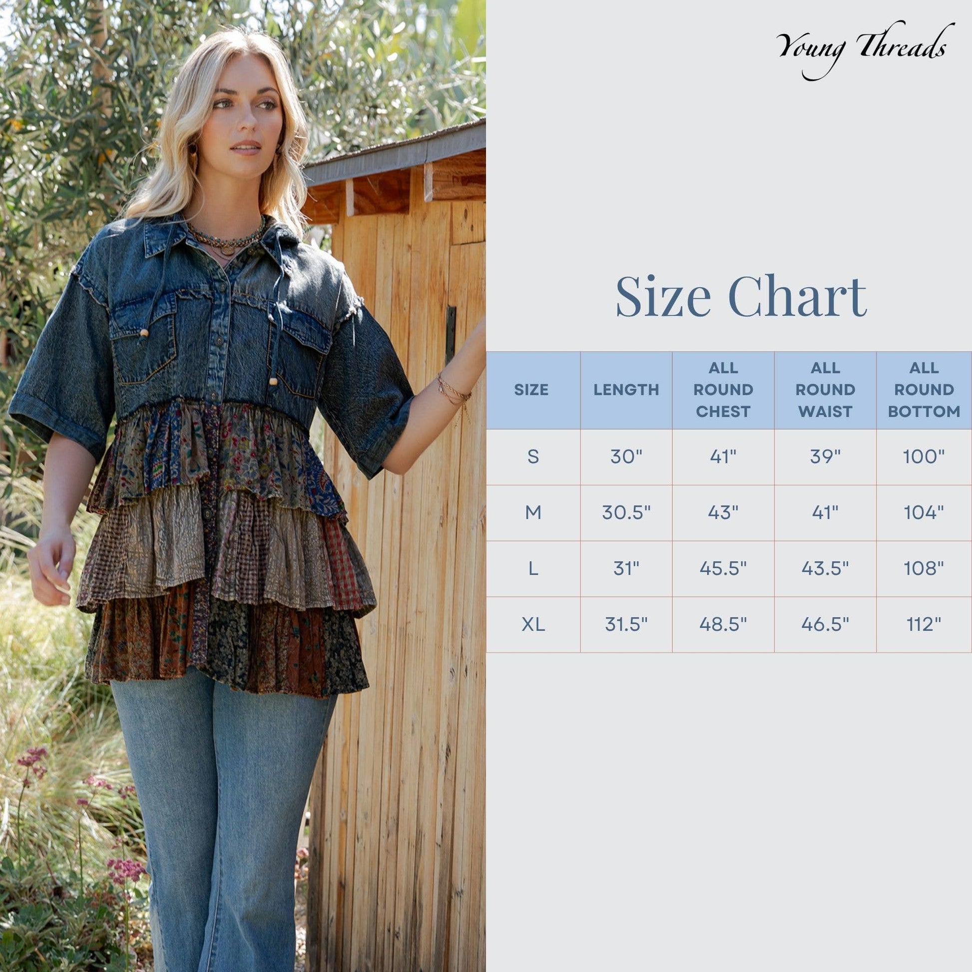 Boho Summer Hooded Denim Button Down Shirt with Playful Mixed Ruffles