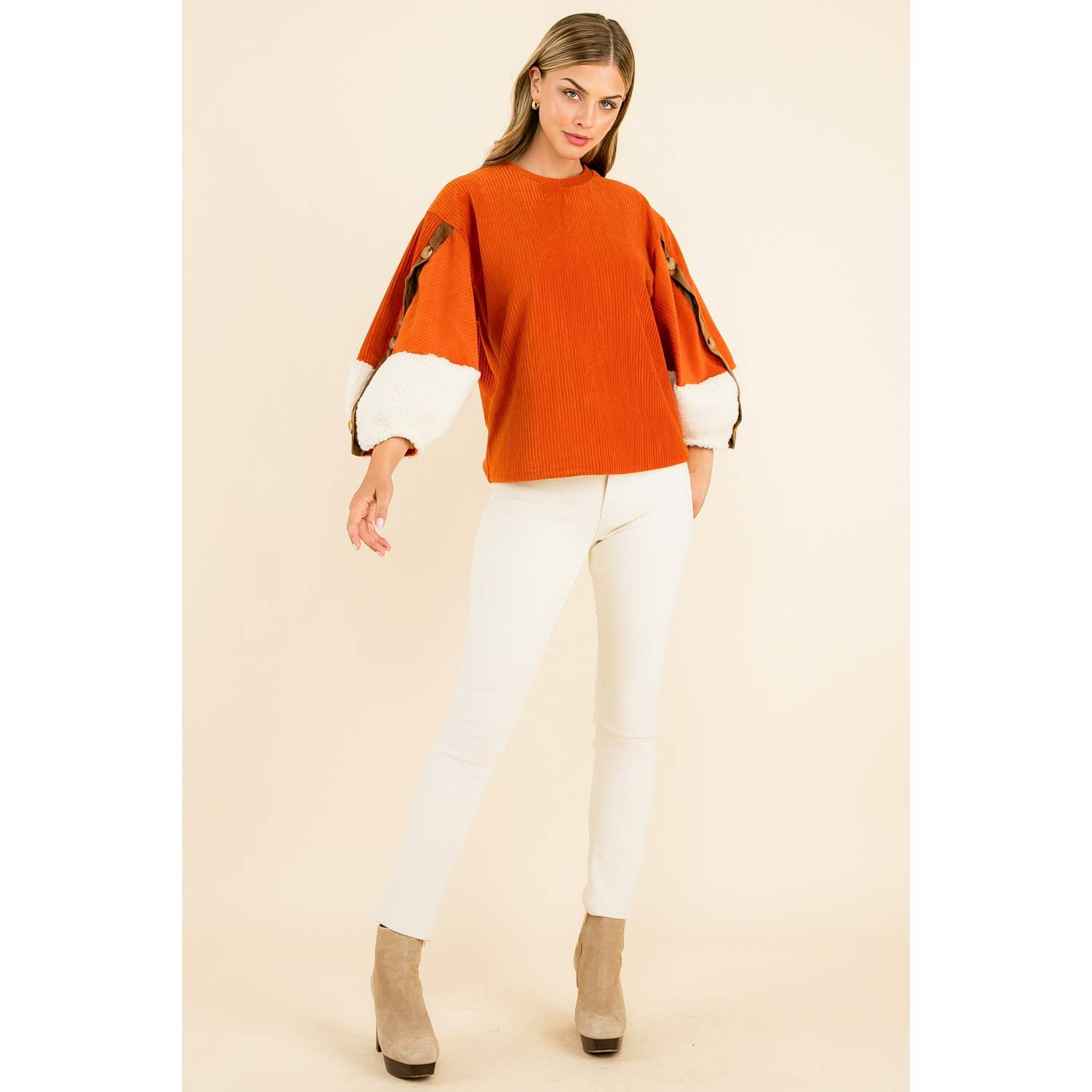 Valeria Velvet Sherpa Sleeve Top