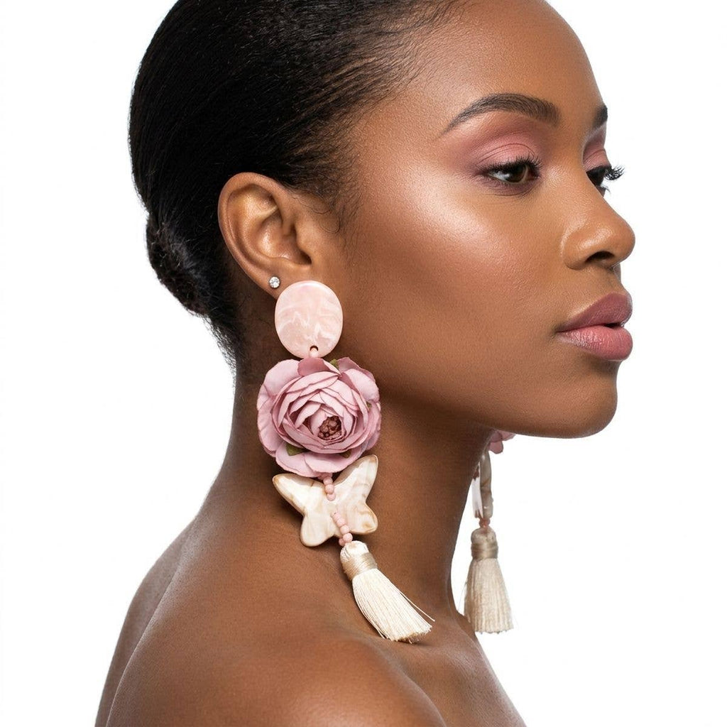 Pink Oversized Flower Butterfly Tassel Earrings