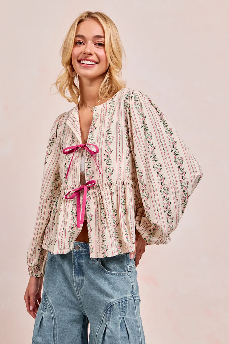 Knissa Floral Tie Balloon Sleeve Top