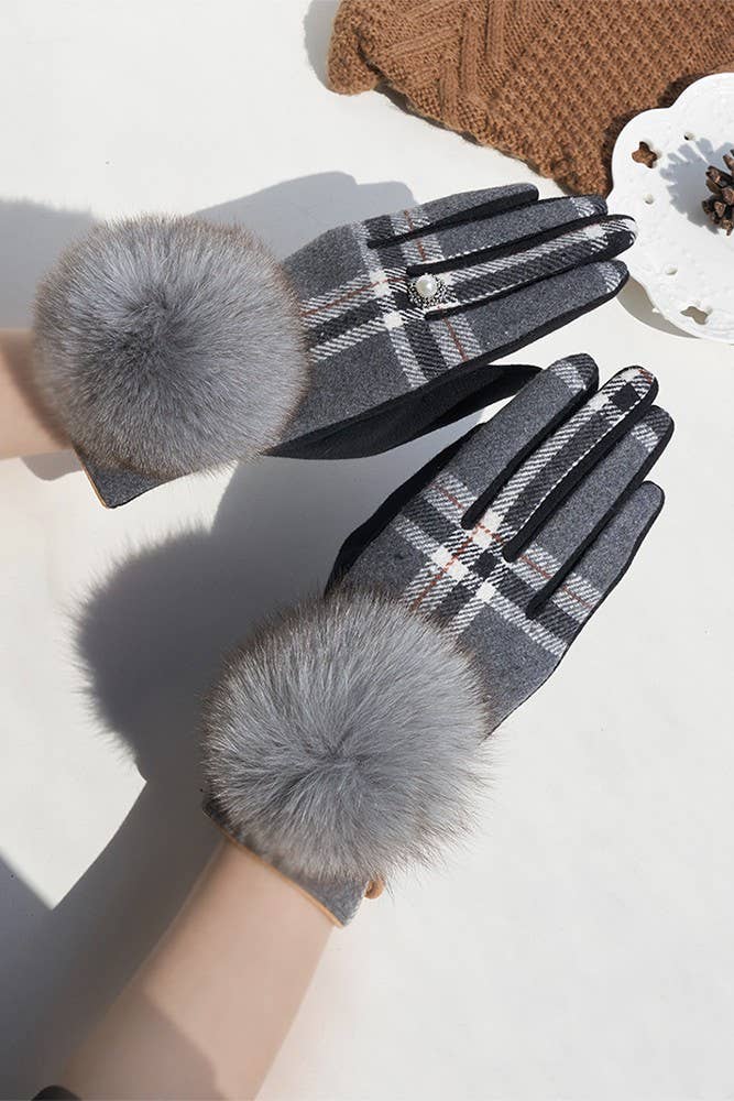 Checks Winter Gloves with Faux Fur Pompom