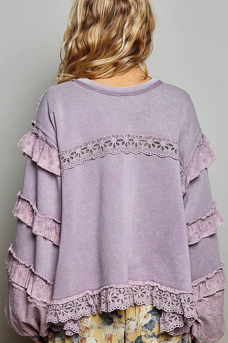 POL French Terry Eyelet Ruffle Vintage Washing Solid Knit Top