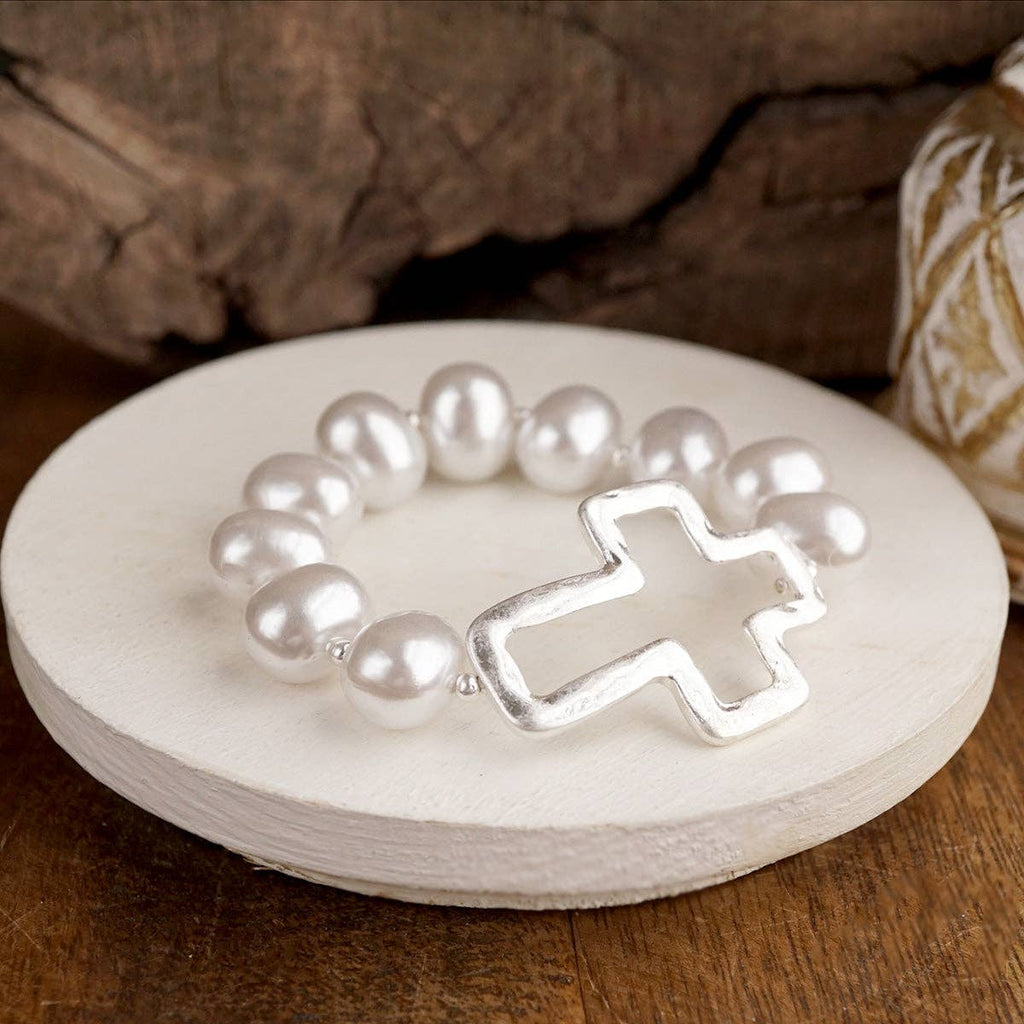 Statement Beaded Cross Bracelet – Chunky Pearl Cross Bracelet Gold Silver