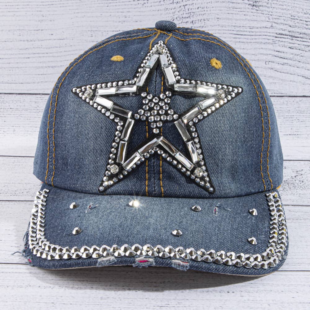 Crystal Star Studded Brim Denim Baseball Cap