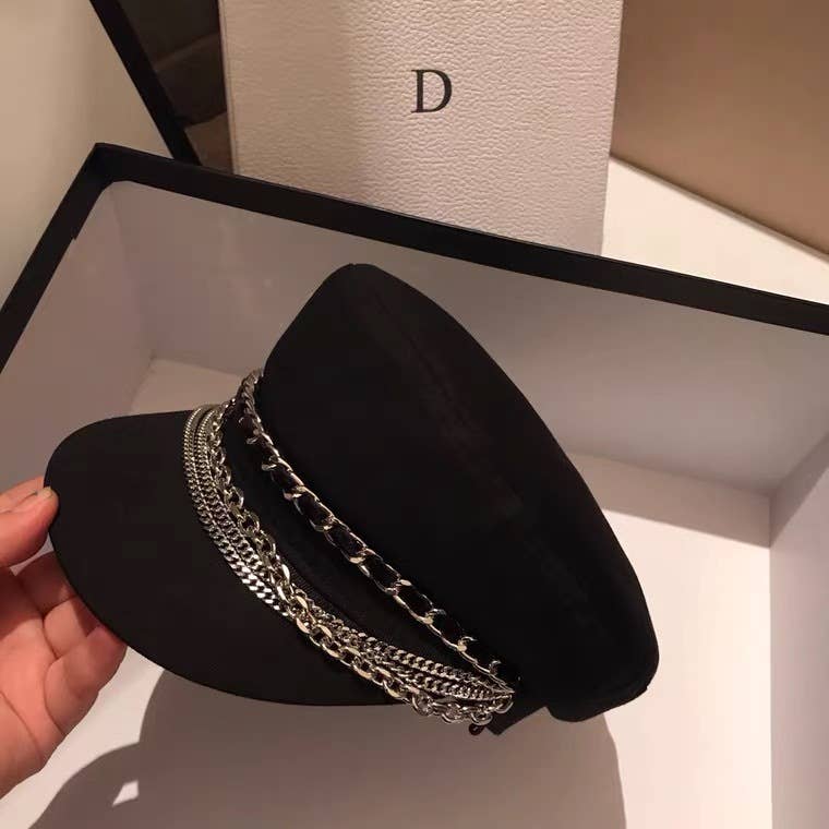 Stylish Black Baker Boy Hat with Chains