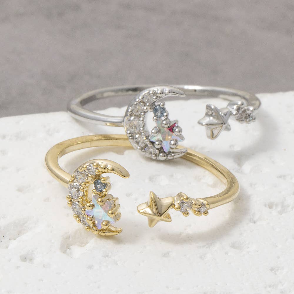 Cz Celestial Moon And Star Cluster Cuff Ring