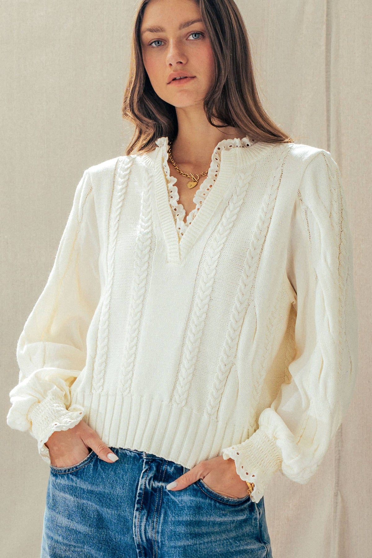 Elsie Lace Trim Cable Knit Sweater