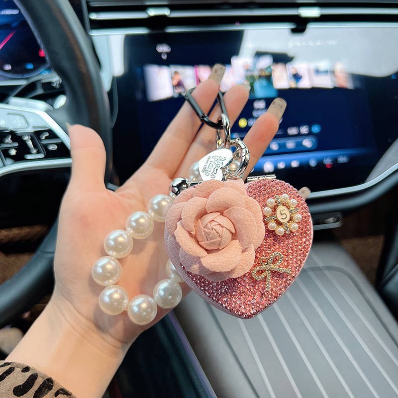 Heart Mirror Keychain with Flower and Pearl Charm 60261