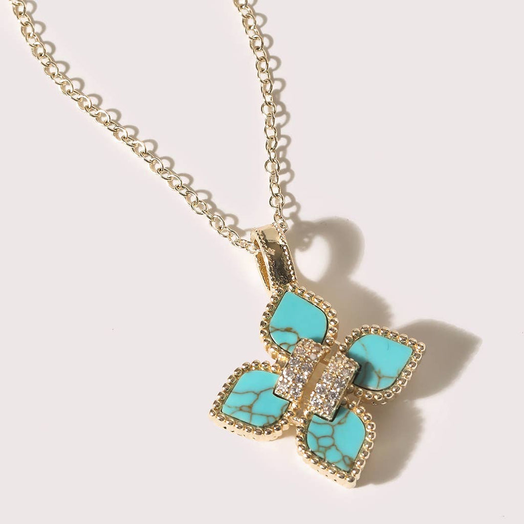 Gold CZ Pave Turquoise Clover Necklace