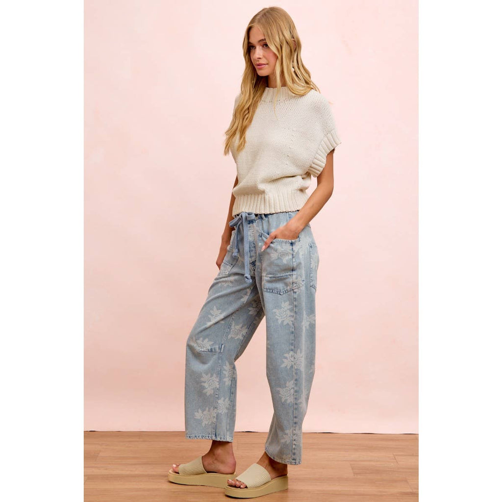 ROSE PRINTED WASHED DENIM PANTS WITH WAIST BELT