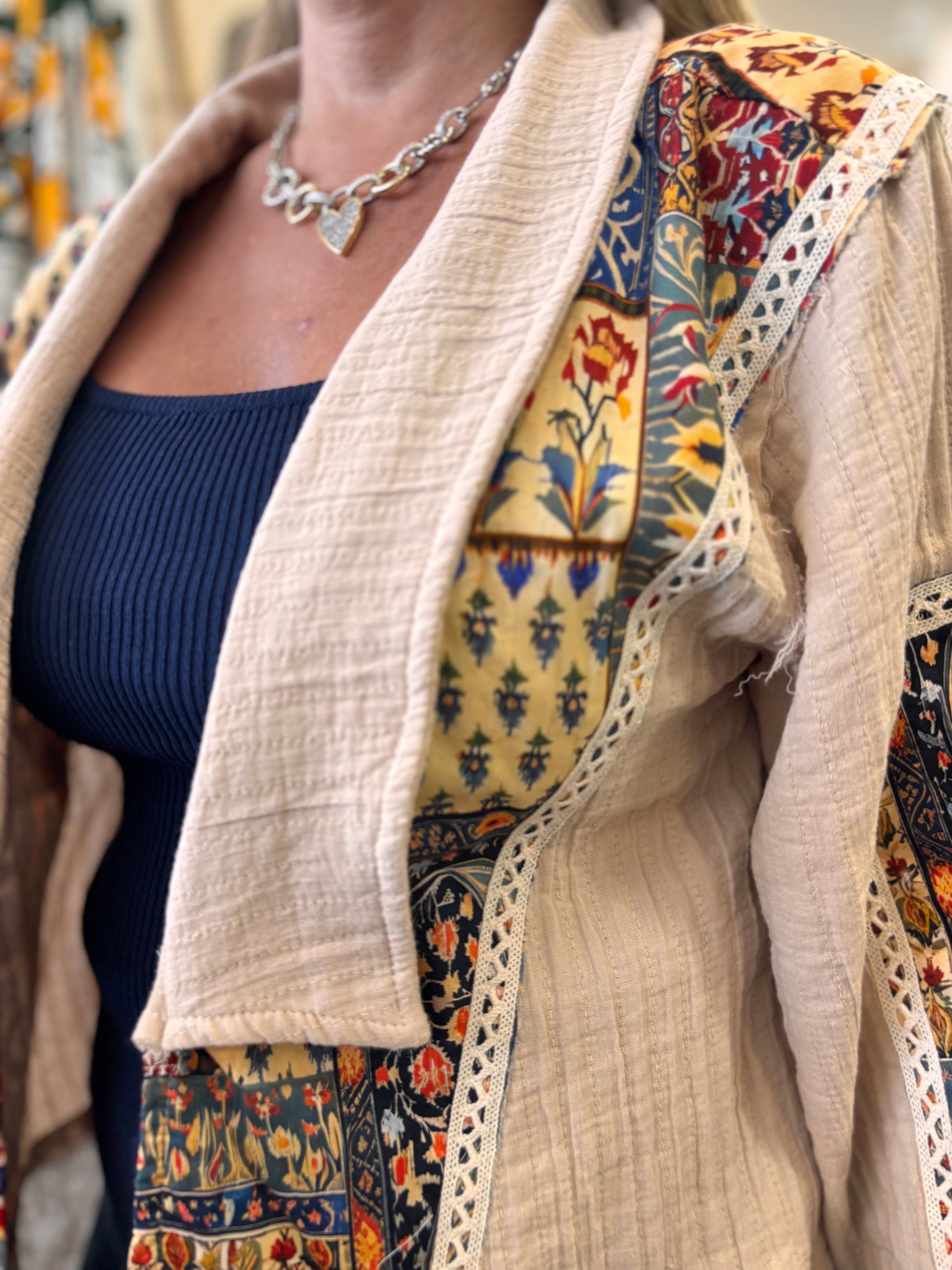 Jolene Long Sleeve Paisley Contrast Woven Open Jacket