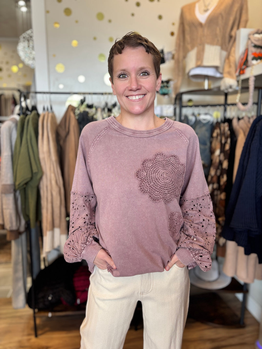 Easel Bestsellers Cotton Long Sleeve Meadow Stitch Top