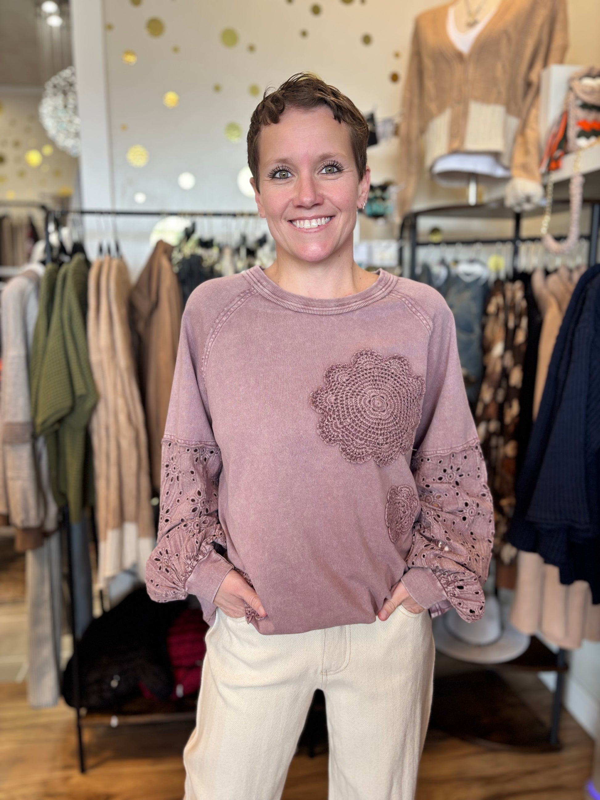 Easel Bestsellers Cotton Long Sleeve Meadow Stitch Top