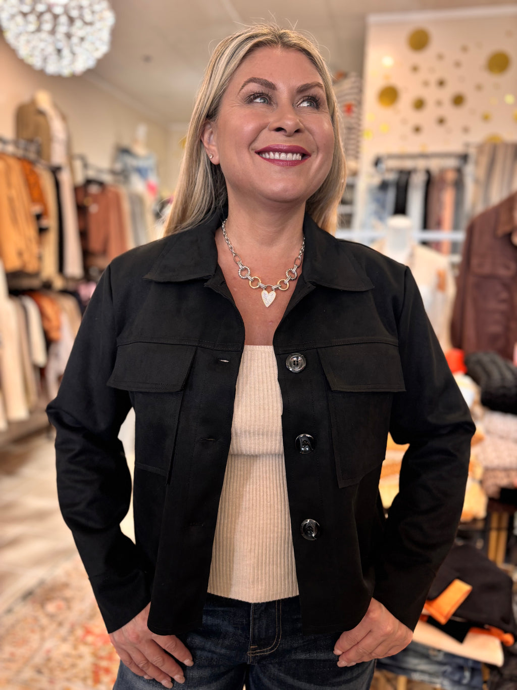 Nadya Classic Button-Down Suede- Like Jacket