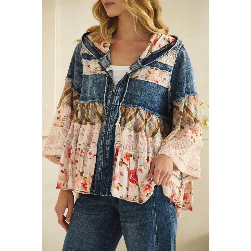 BOHO RUFFLE HOODED LACE DENIM  AND FLORAL PRINT MIX JACKET