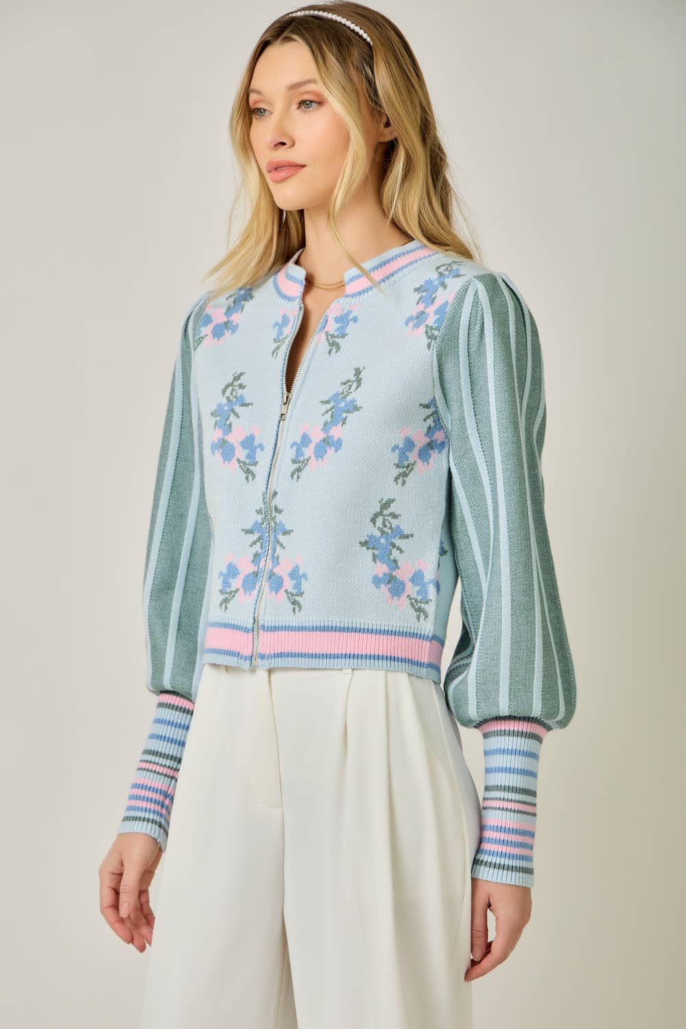 Sweater Floral Zip Bomber Jacket