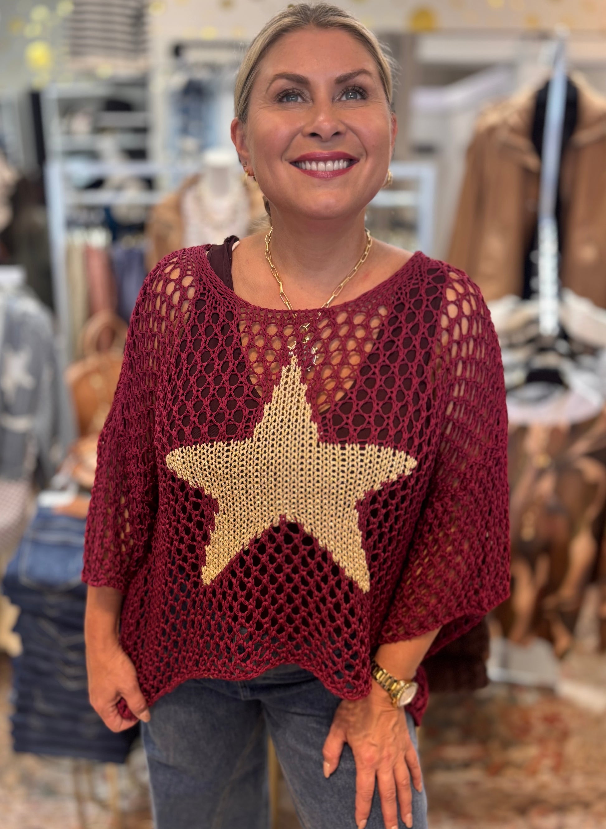 Best-Selling Crochet Top with Metallic Gold Star