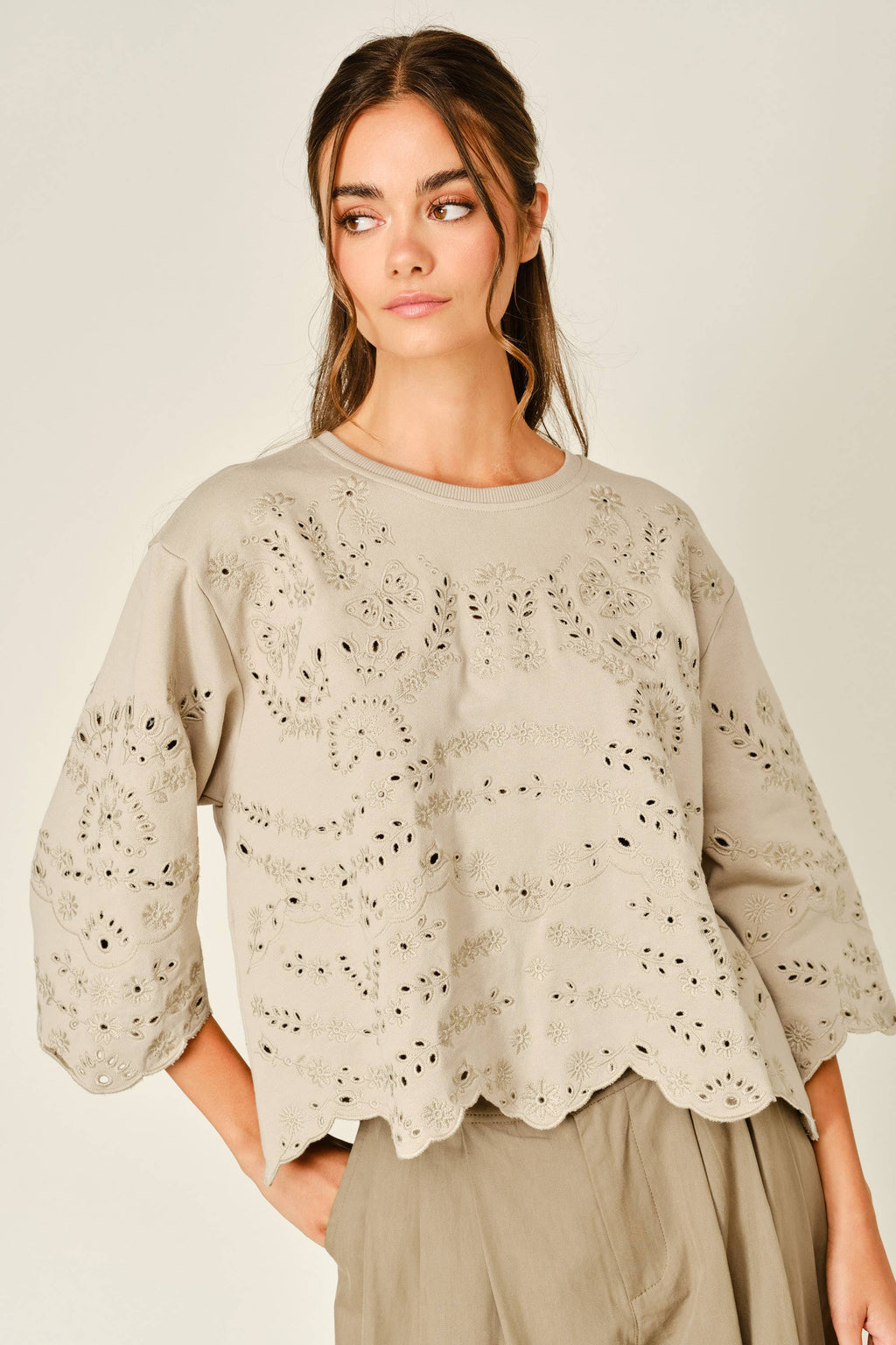 Terry Eyelet Short-Sleeve Sweatshirt