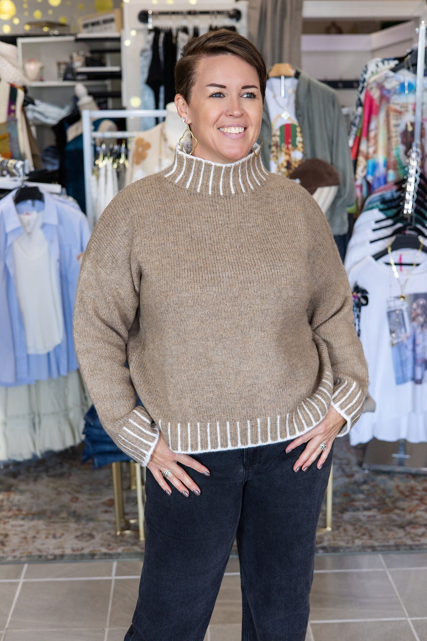 Daniela Classic Tan Sweater with Contrast Stitching