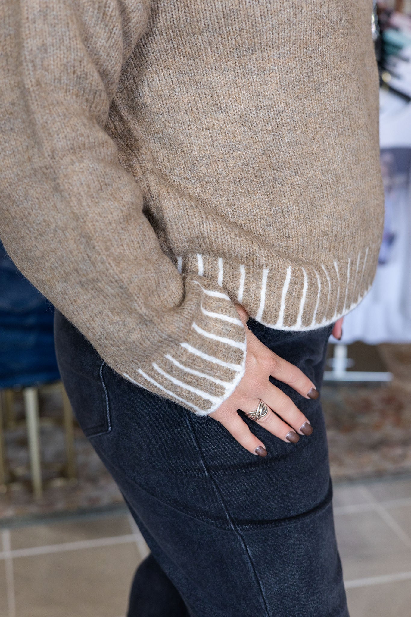 Daniela Classic Tan Sweater with Contrast Stitching