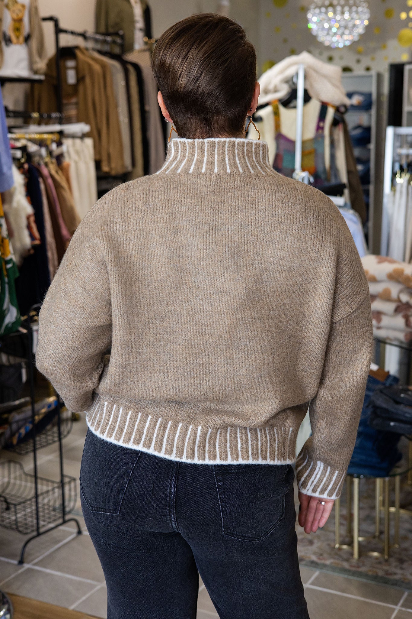 Daniela Classic Tan Sweater with Contrast Stitching