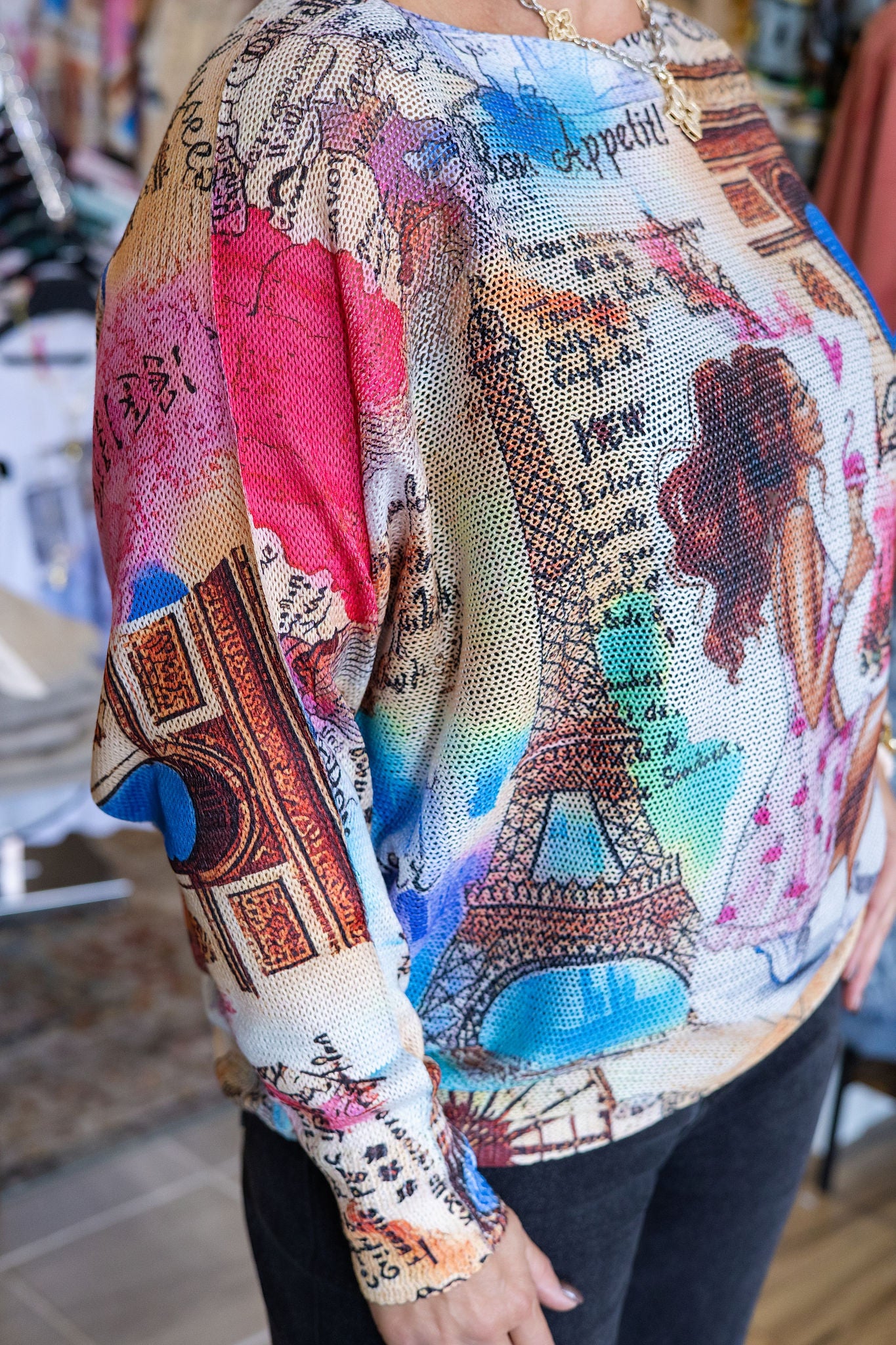 Paris Triomphe Round Neck Knit Printed Sweater