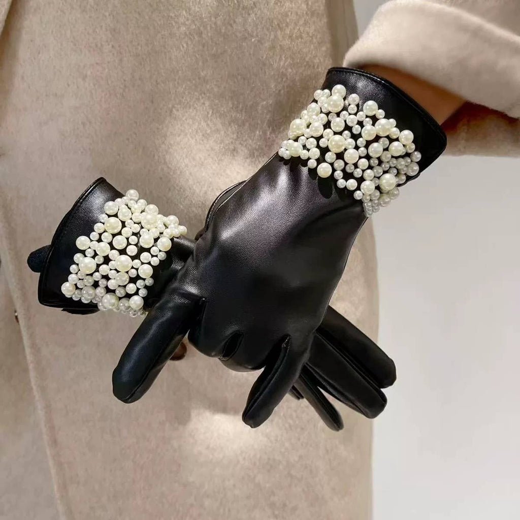 Black Faux Leather Gloves with Pearl Detail