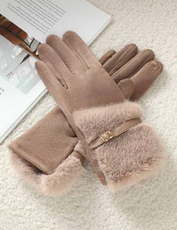 Faux Suede Gloves with Fur and Belt Accent