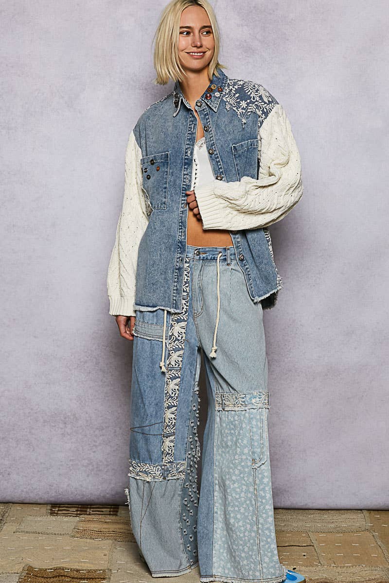 POL Lace-Overlay Detailed Denim Woven Pants