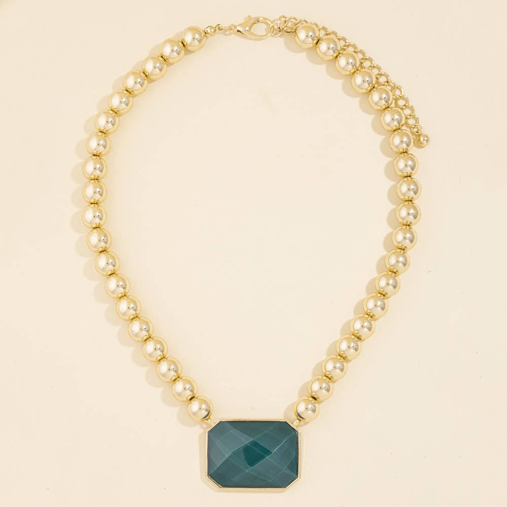 Bead Chain Necklace With Faceted Stone Pendant