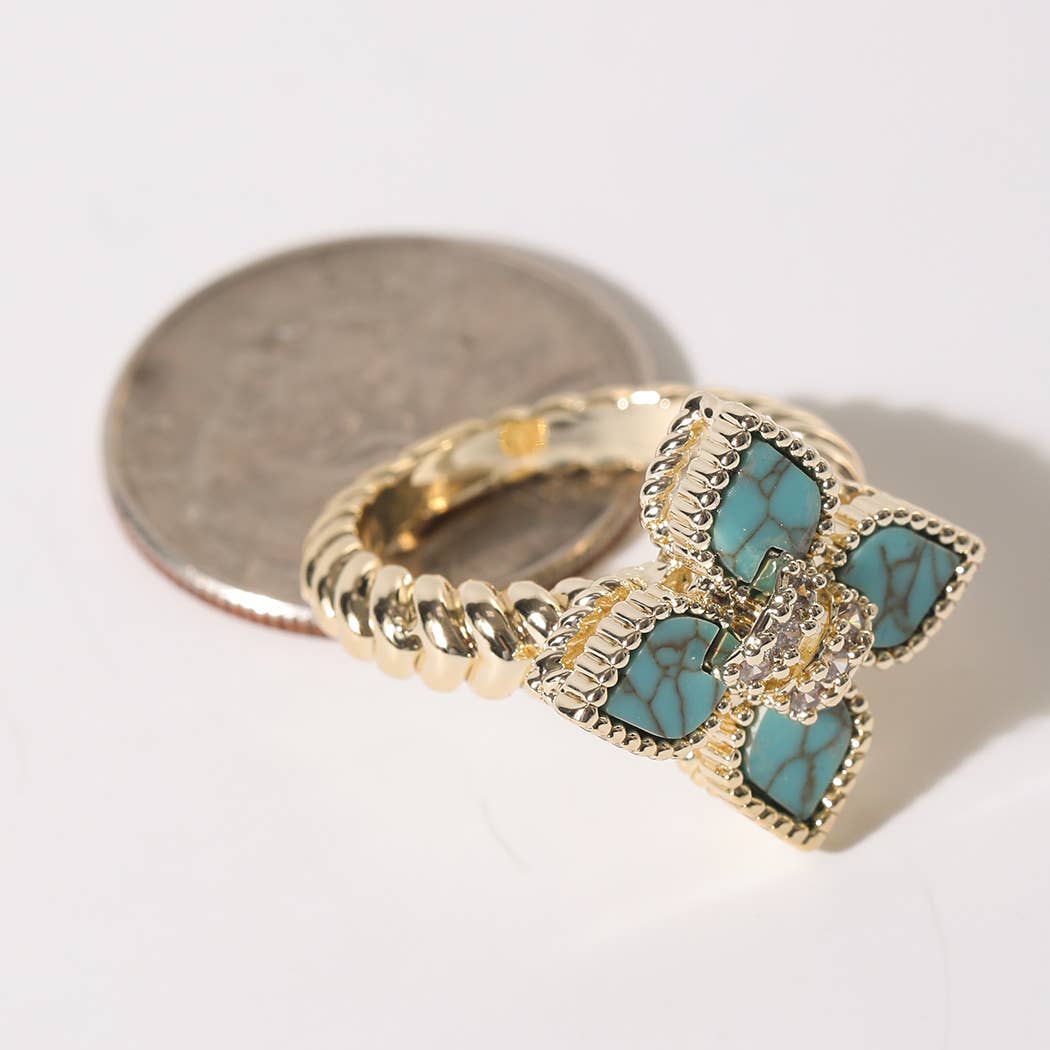 Gold Turquoise Clover CZ Ring