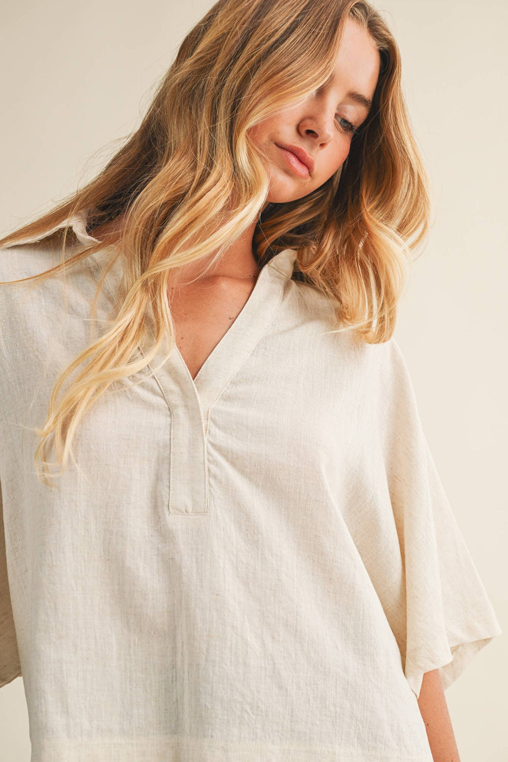 Textured Drape Sleeve Collared Blouse