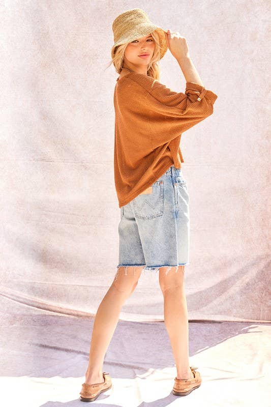 3/4 Sleeves Waffle Knit Cropped Pullover