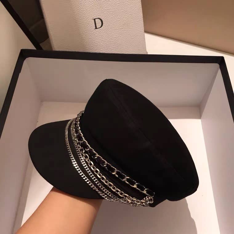 Stylish Black Baker Boy Hat with Chains