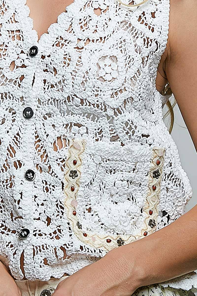POL V-Neck Stud Bead Crochet Vest Top