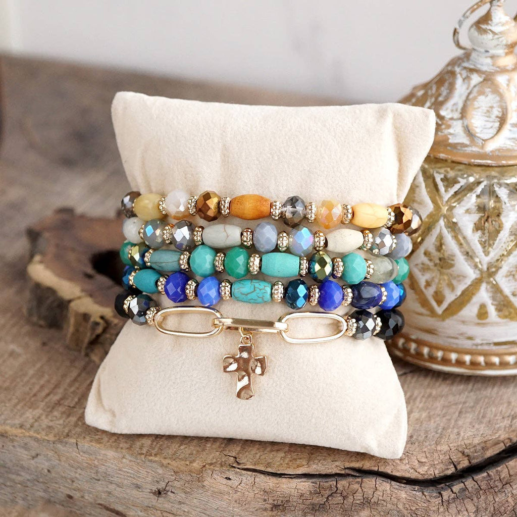 Beaded Cross Charm and Chain Bracelet - Azure Faith