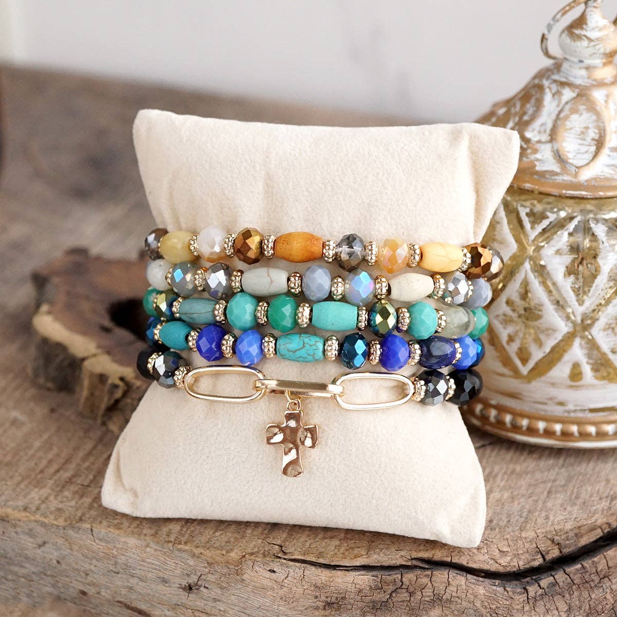 Beaded Cross Charm and Chain Bracelet - Azure Faith