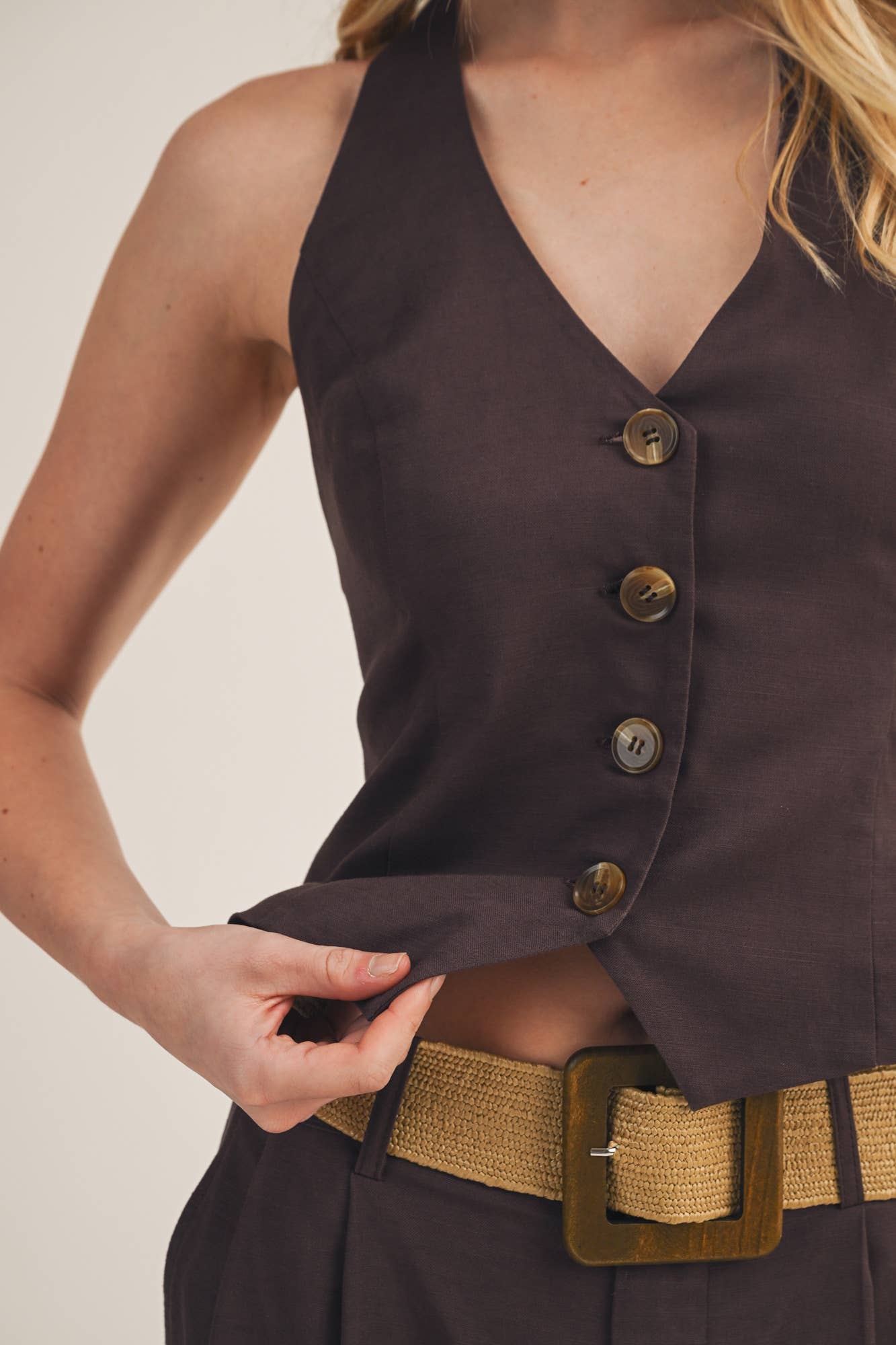 V-Neck Button Front Halter Vest