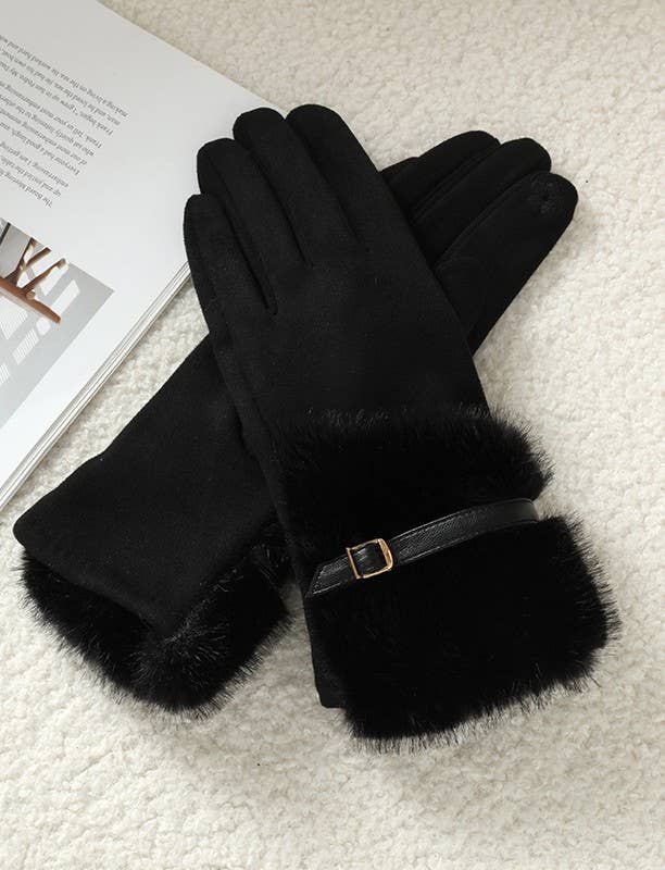 Faux Suede Gloves with Fur and Belt Accent
