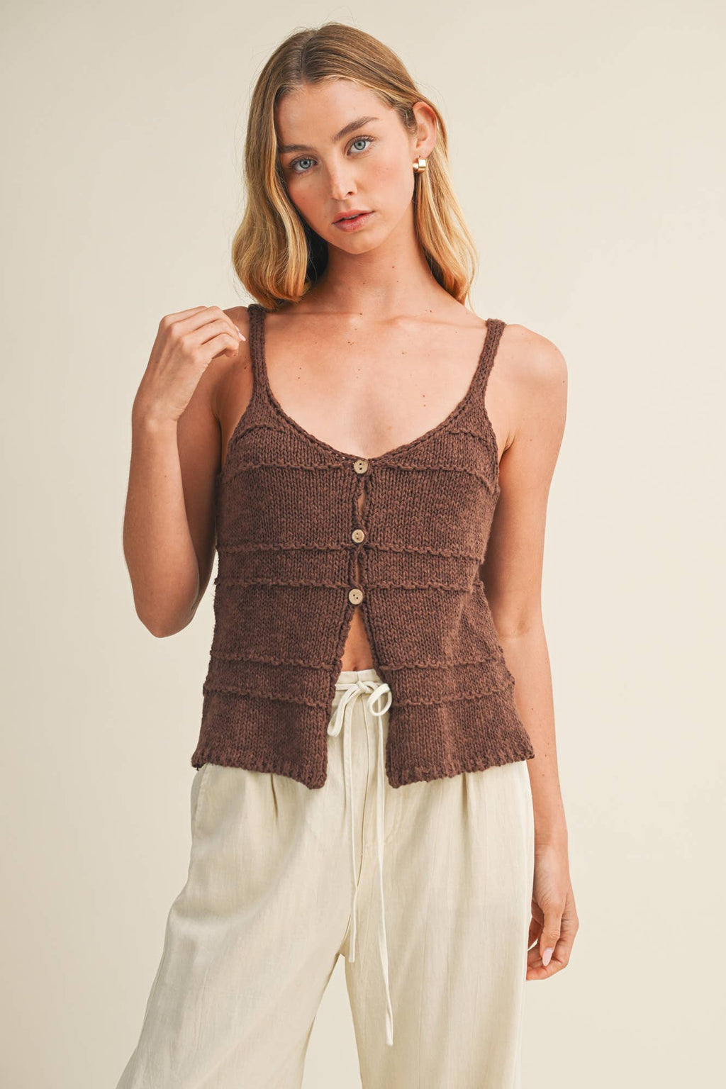 Tiered Textured Button-Front Sweater Knit Cami
