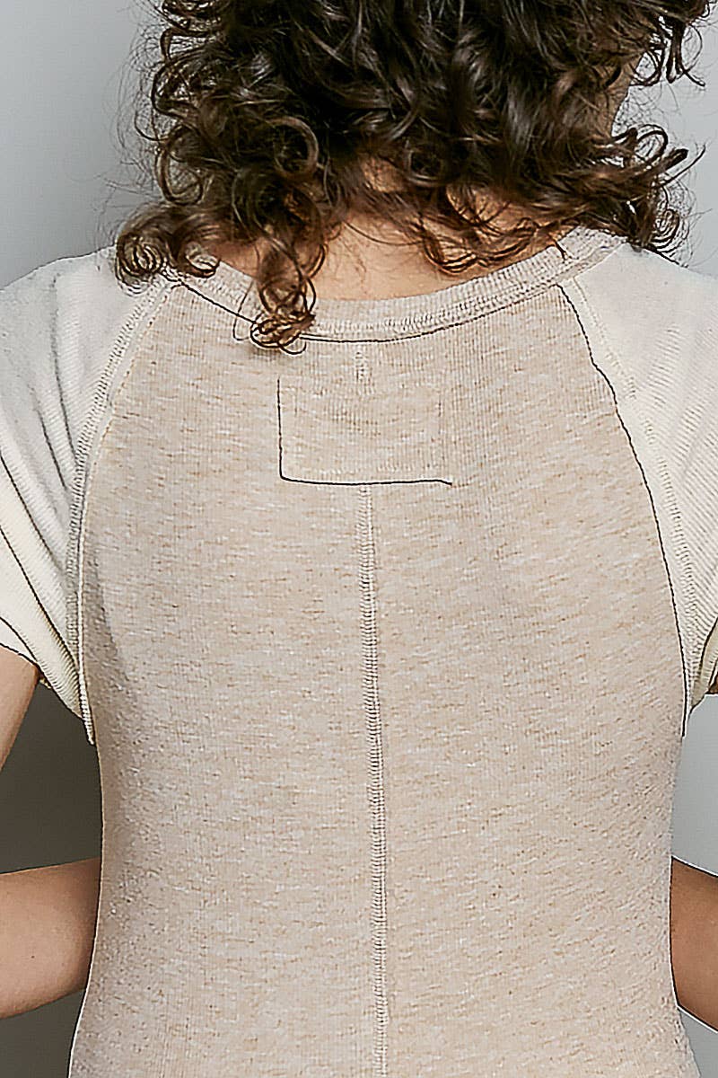 Round Neck Raglan Sleeve Contrast Solid Fitted Rib Top
