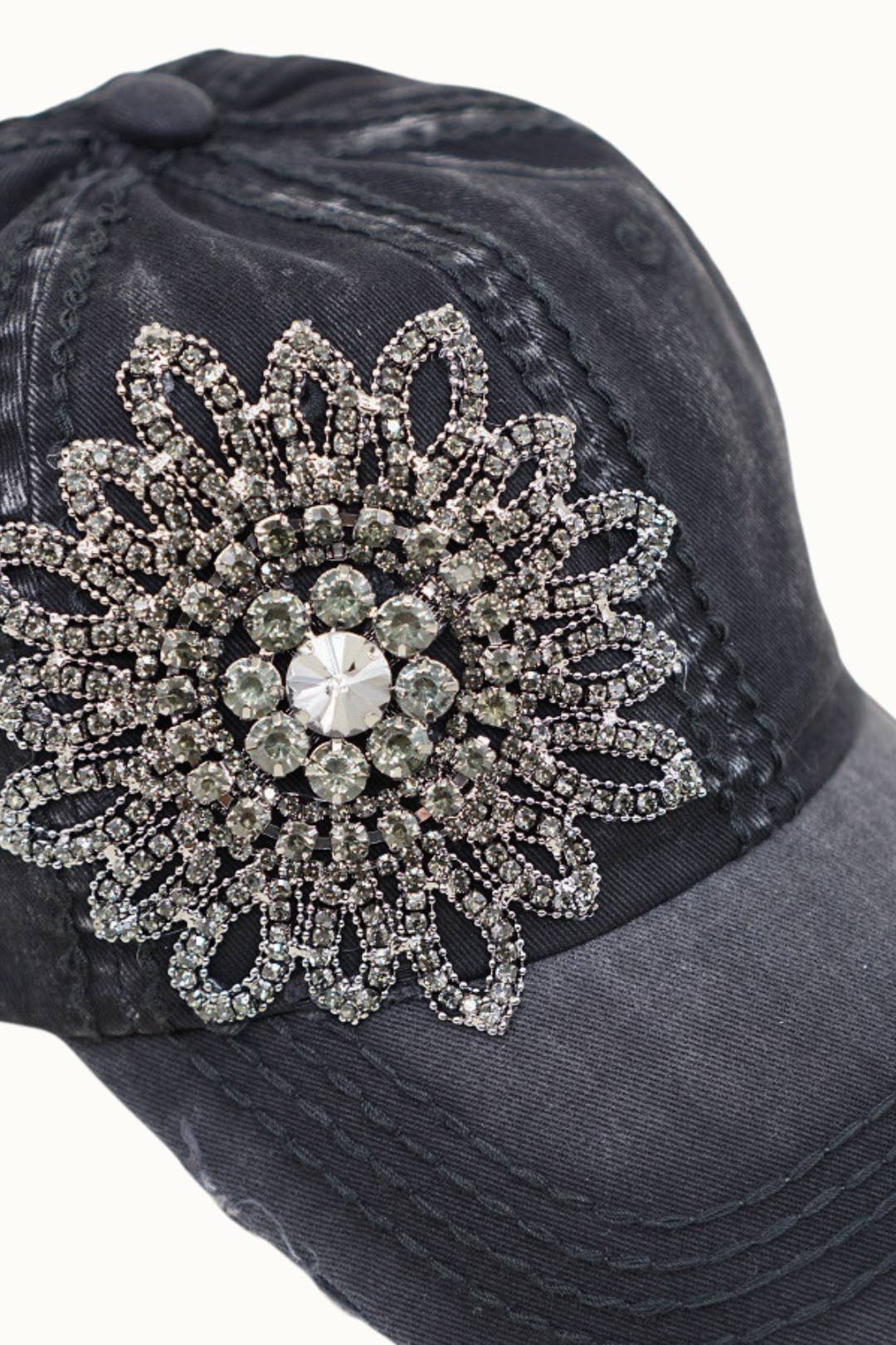 Sunflower Bejeweled Glitz Distressed Cap, Adjustable