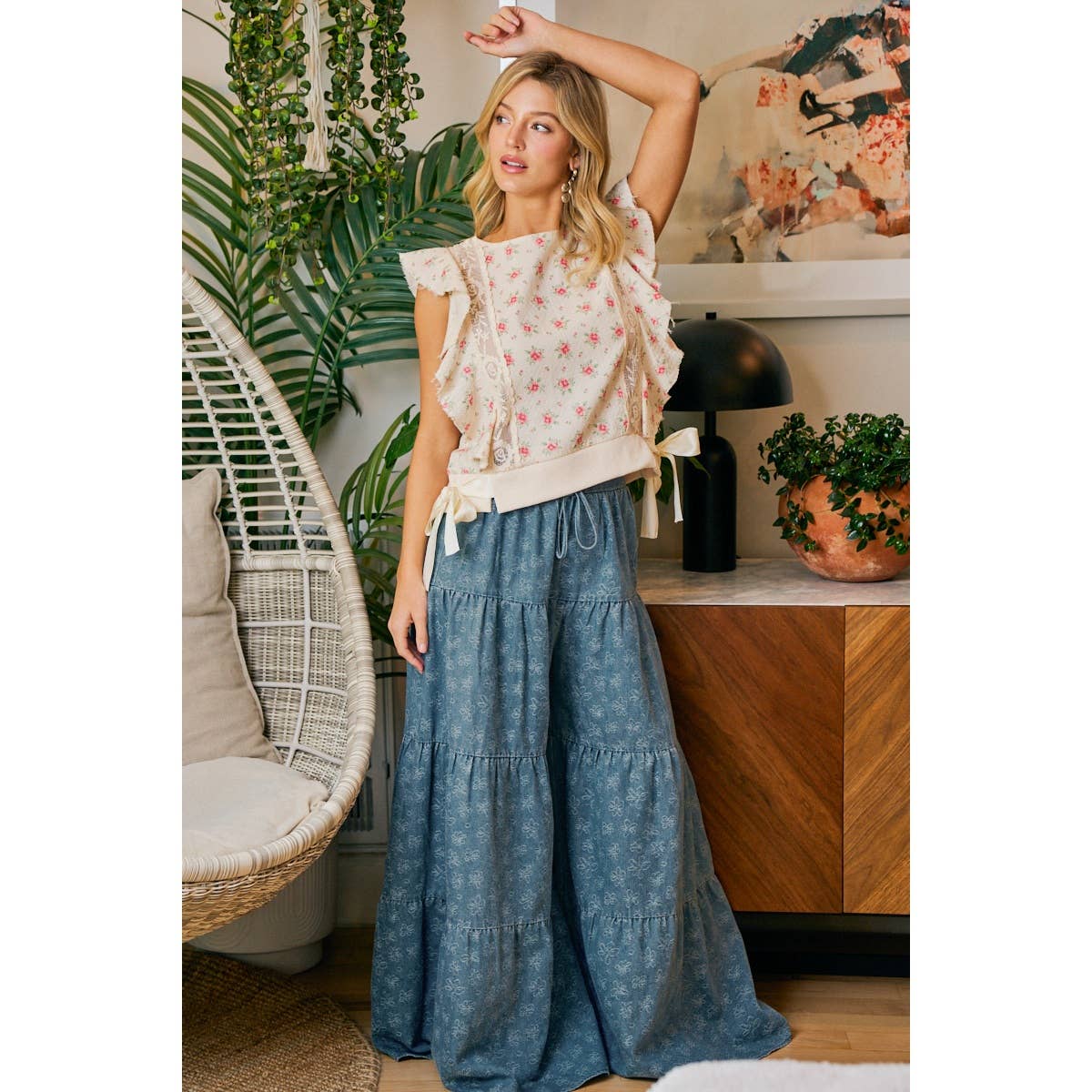 Daisy Tiered Floral Denim Pants