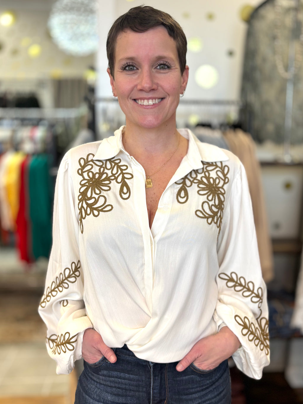 Emily Embroidered Twist-Front Blouse