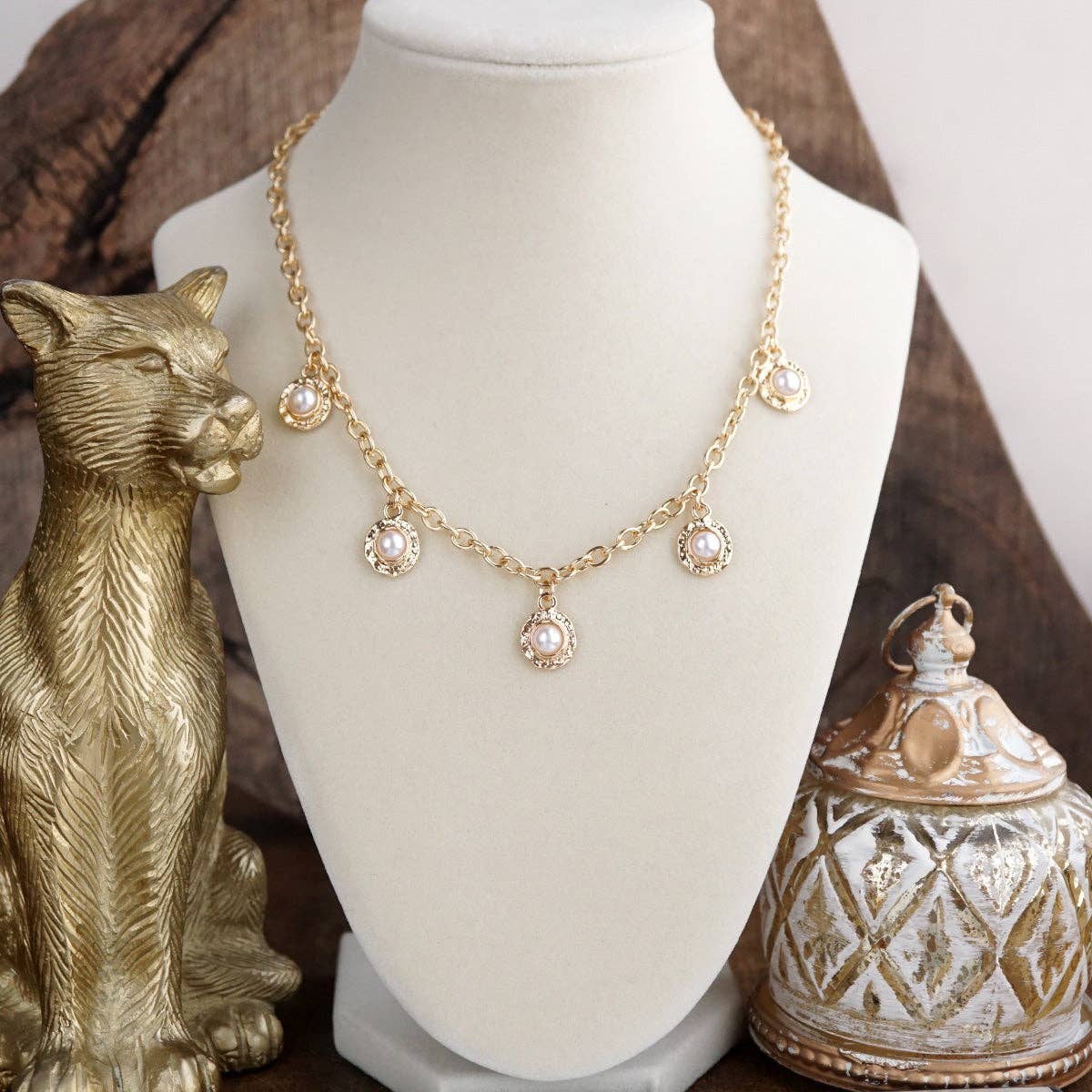 Cabochon Station Charm Necklace - Pearls Turquoise - Petite Glow