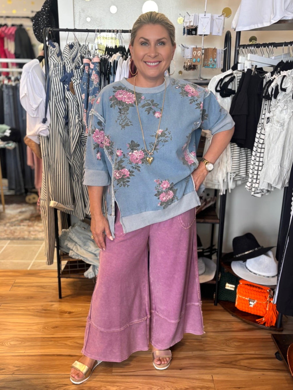 BiBi Elease Denim Floral Short Sleeve Top