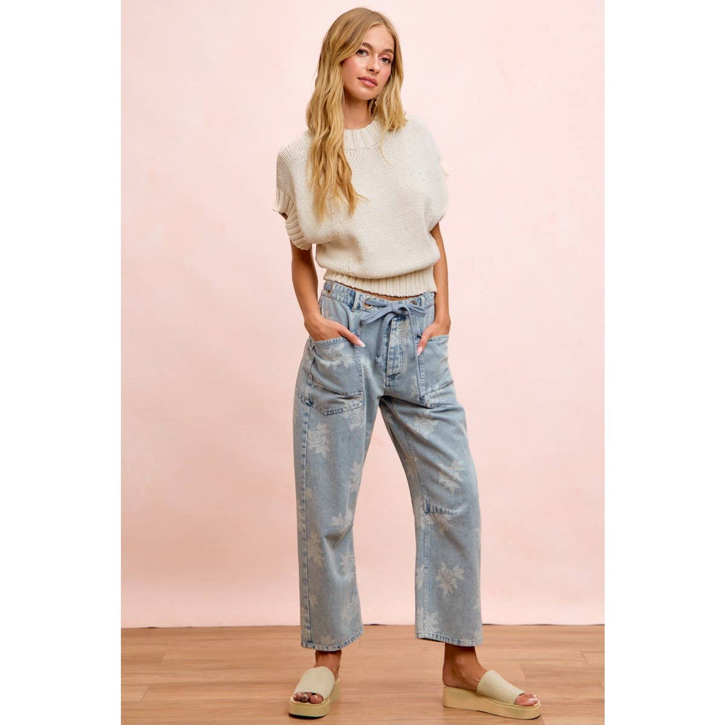 ROSE PRINTED WASHED DENIM PANTS WITH WAIST BELT