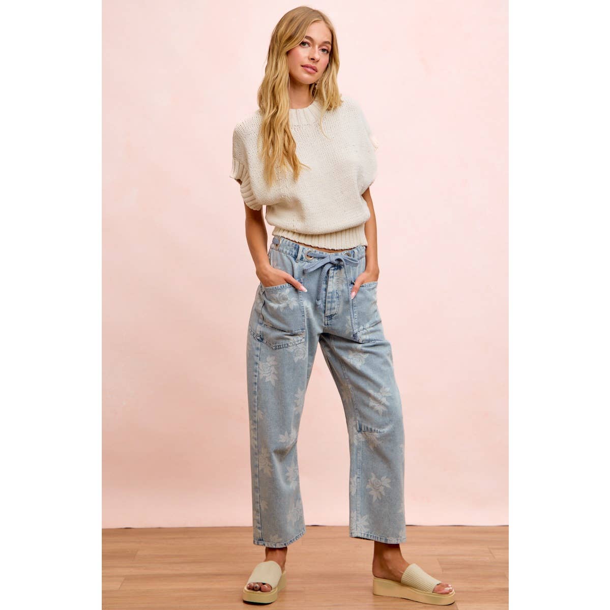 ROSE PRINTED WASHED DENIM PANTS WITH WAIST BELT