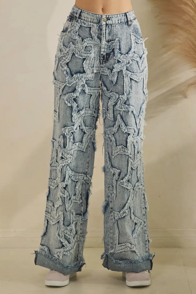 Textured Washed Star Patch Jeans